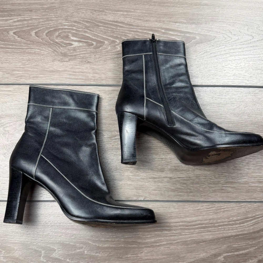 Charles Jourdan Womens Ankle Boots Lizard Embossed Leather Square Toe Black 10M